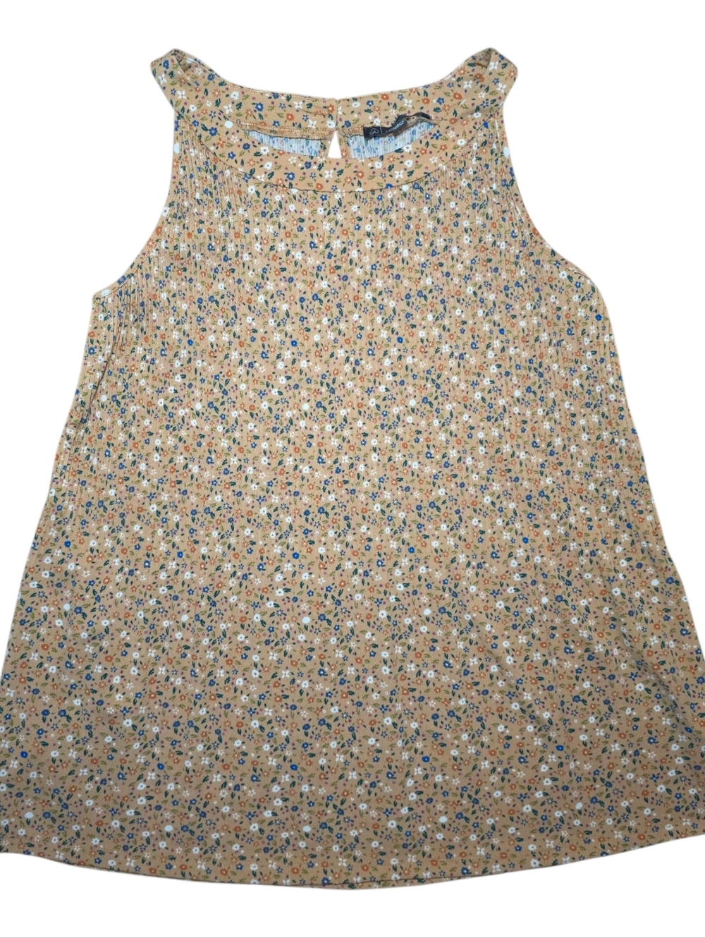 Adrianna Papell Women's Tan Floral Halter Neck Pleated Sleeveless Top Size Small